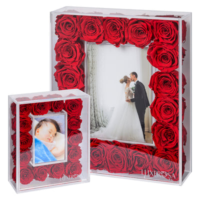 Mini Floral Frame with 14 Forever | Eternal | Eternity | Infinity Roses in a Clear Acrylic Box - Red Coloured Preserved Roses - small - LUXEROSA