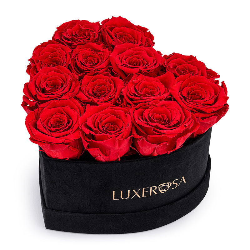Black Velvet Suede, Medium, Venus Heart Shaped, Eternity Rose Box With 13 Forever | Infinity | Preserved Roses in Red Colour - LUXEROSA