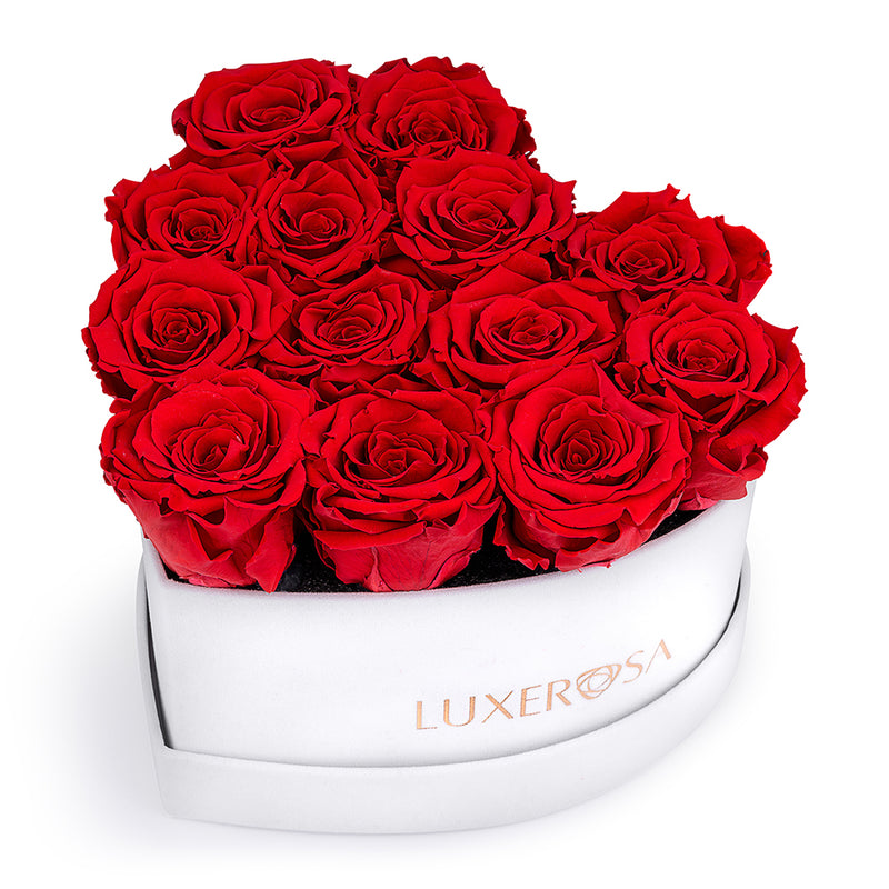 White Velvet Suede, Medium, Venus Heart Shaped, Eternity Rose Box With 13 Forever | Infinity | Preserved Red Roses - LUXEROSA