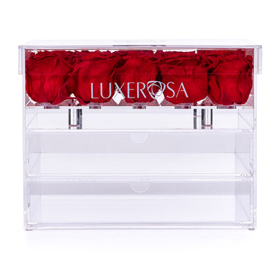 25 Forever Roses in a Clear Makeup/ Jewellery Box