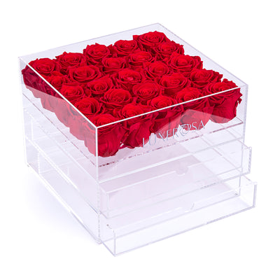 25 Forever Roses in a Clear Makeup/ Jewellery Box